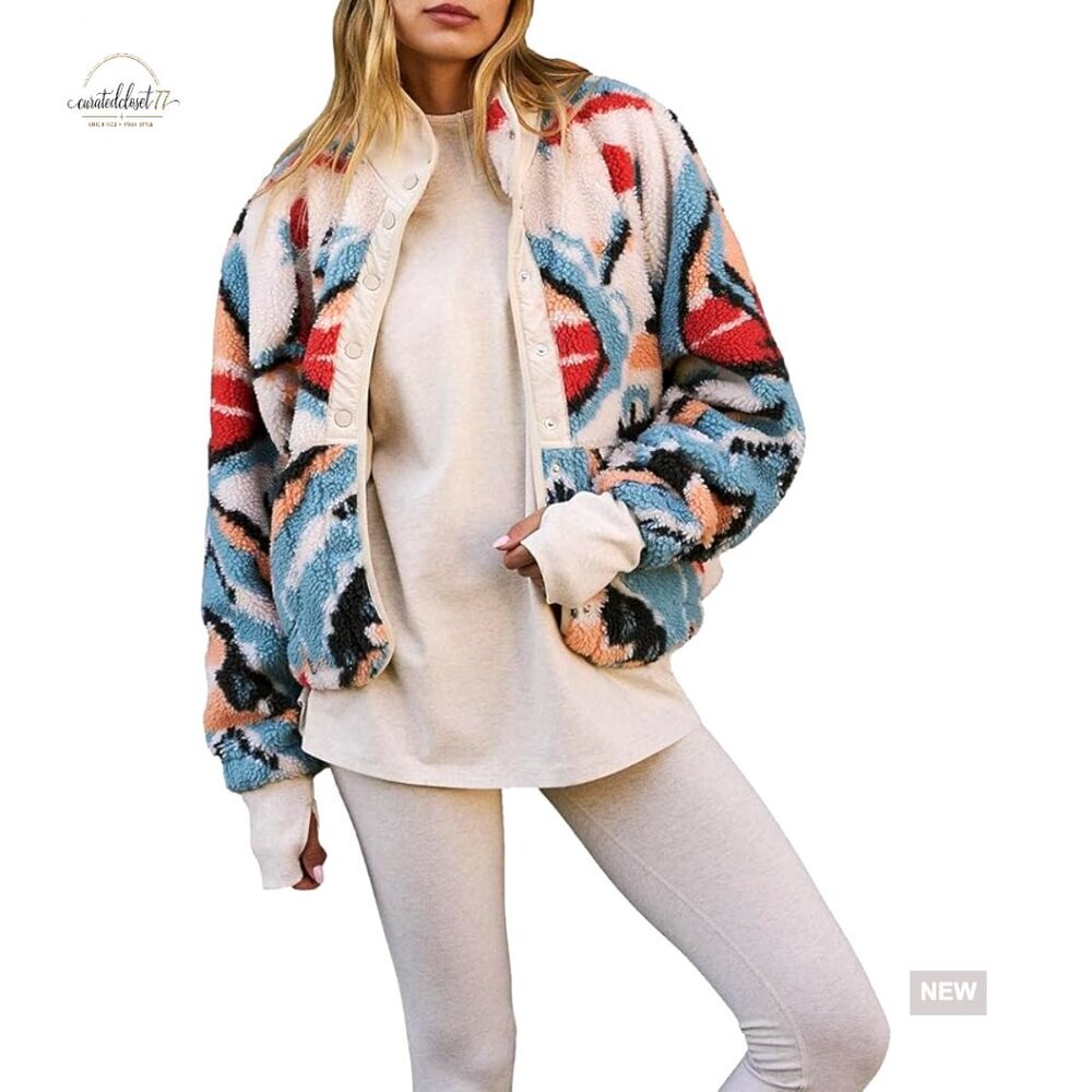 Women's Sherpa Fleece Jacket Long Sleeve Button Front Pockets